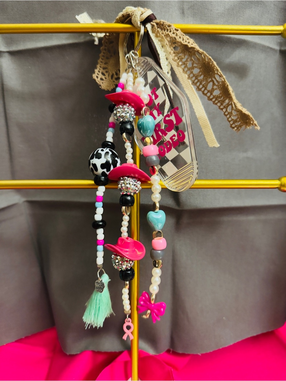 Handmade Cowgirl themed Pink Beaded Purse Charm or Keychain